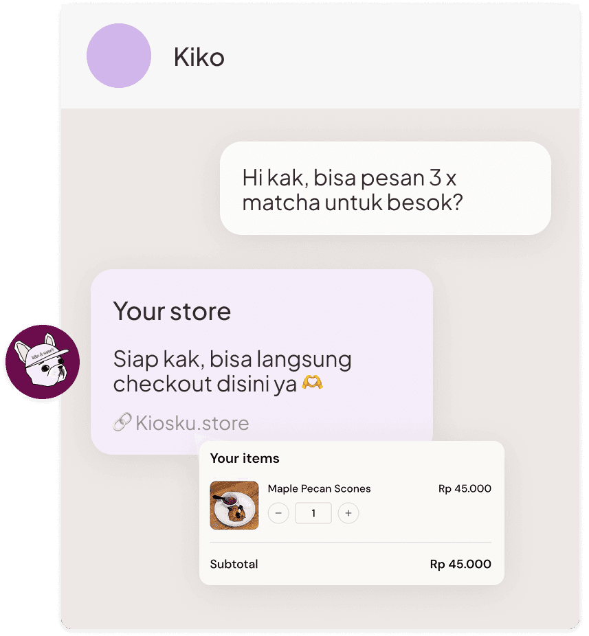 WhatsApp chat mockup showing order flow